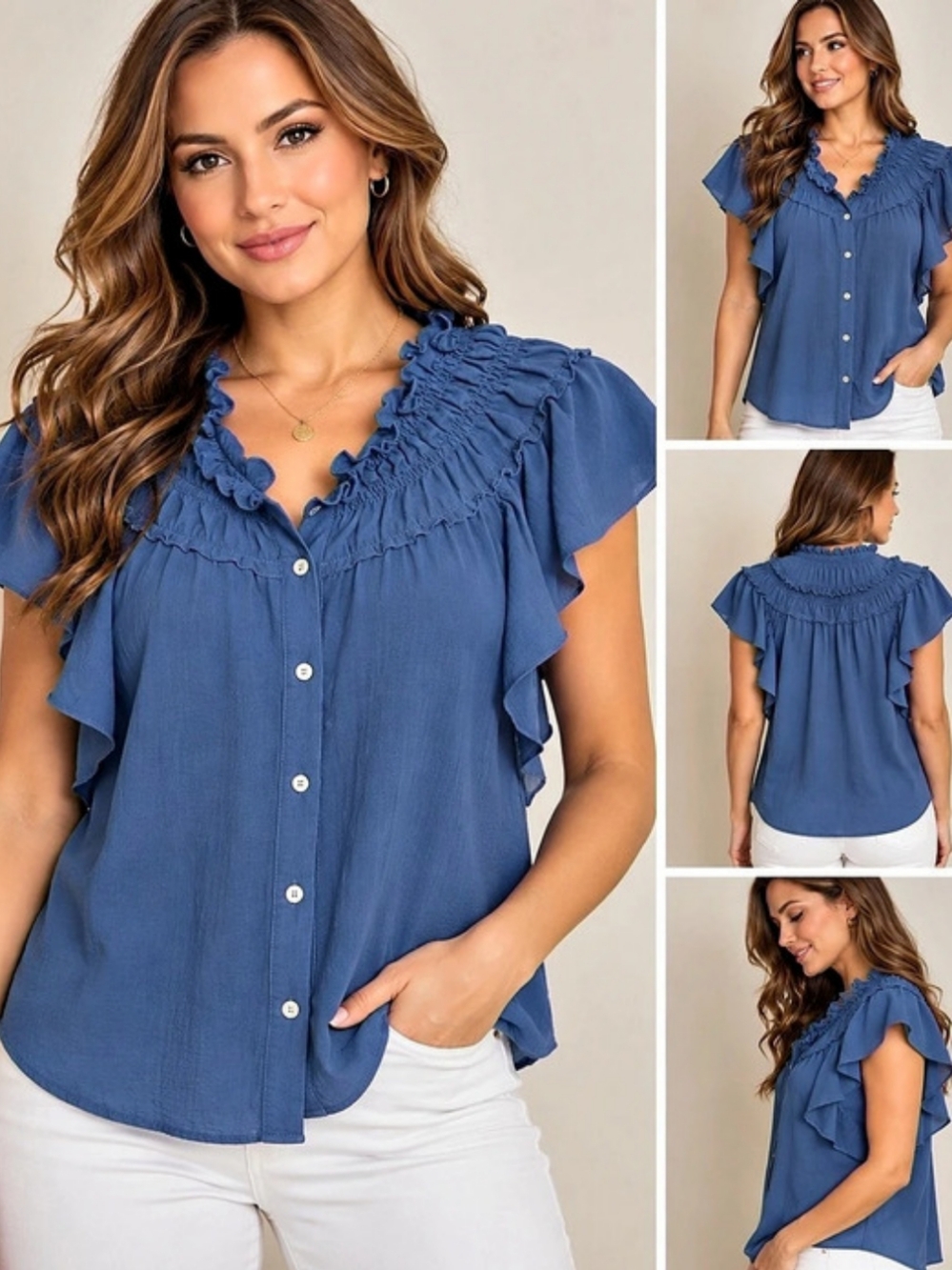 NY Collection Blue Ruffle Smocked Button Front Blouse Size L Boho Romantic